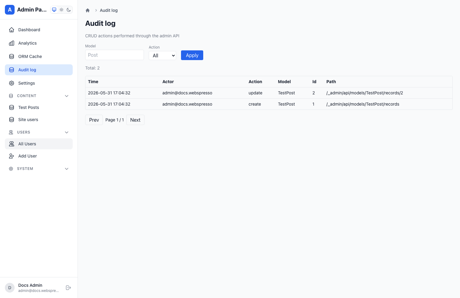 Webspresso audit log admin page
