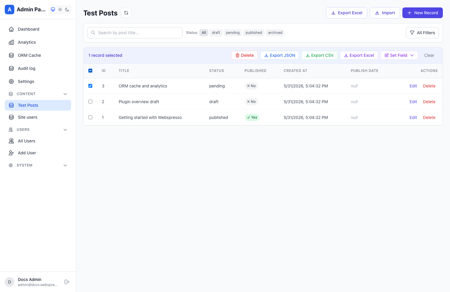 Webspresso admin bulk actions toolbar