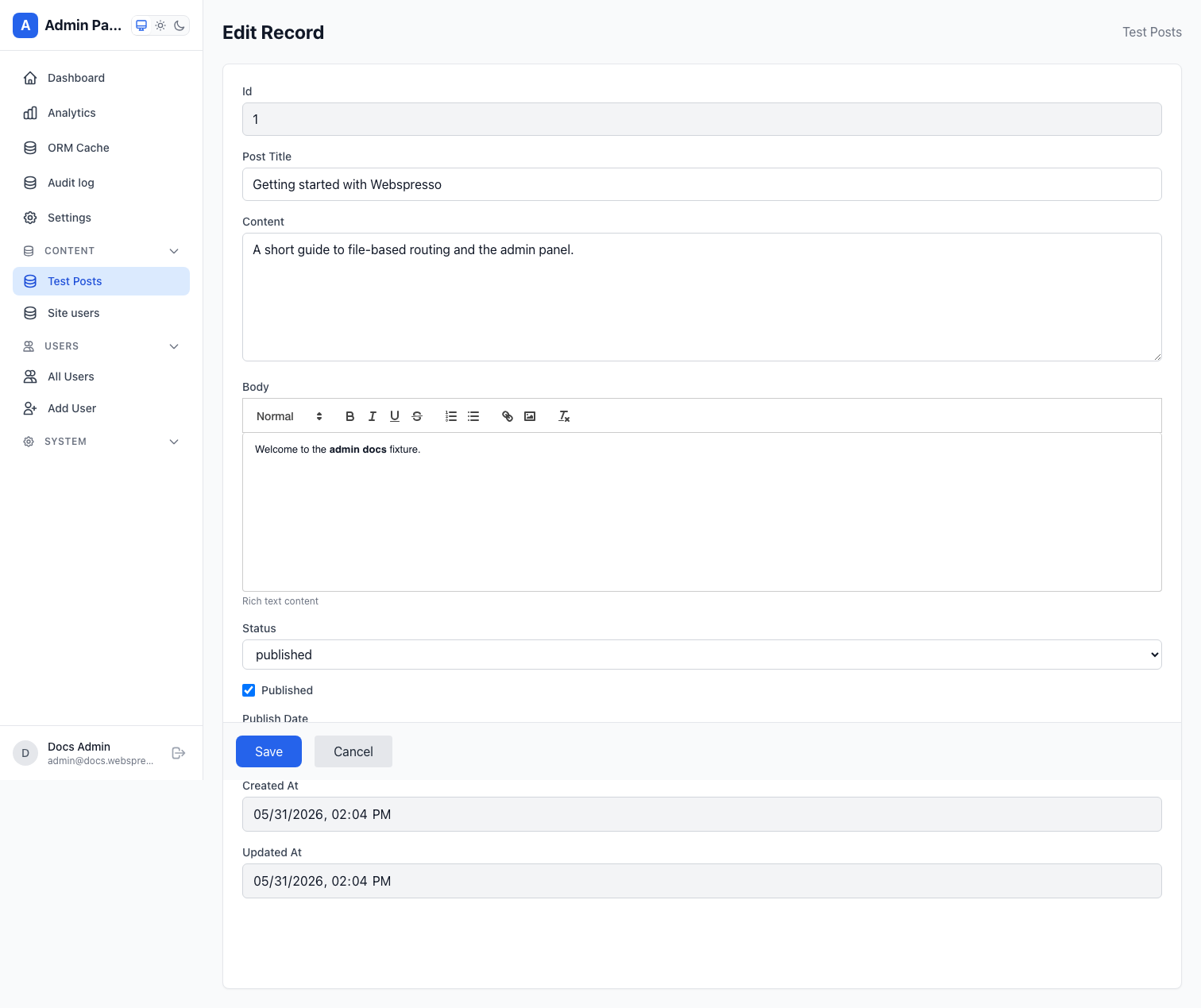 Webspresso admin edit record form