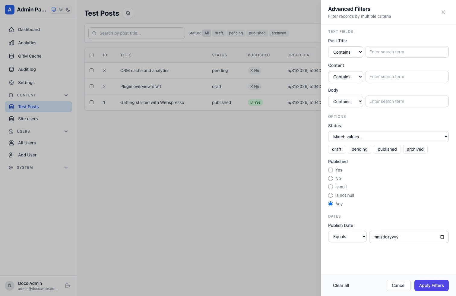 Webspresso admin advanced filters drawer