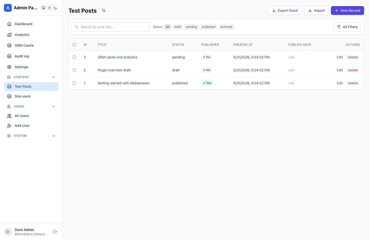 Webspresso admin model records list