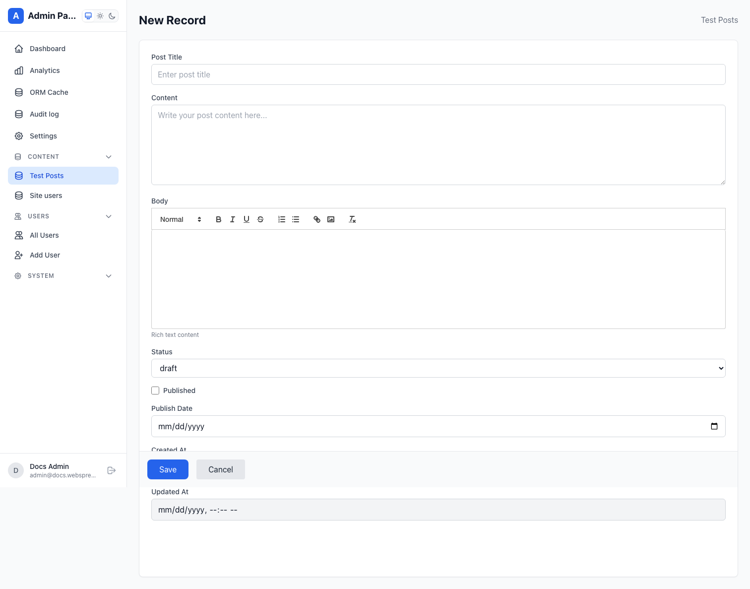 Webspresso admin create record form