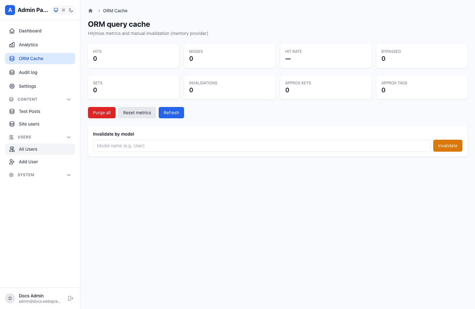 Webspresso ORM cache admin page