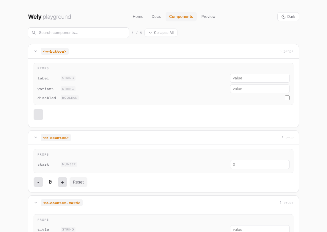 Playground components gallery: searchable list of component cards with props