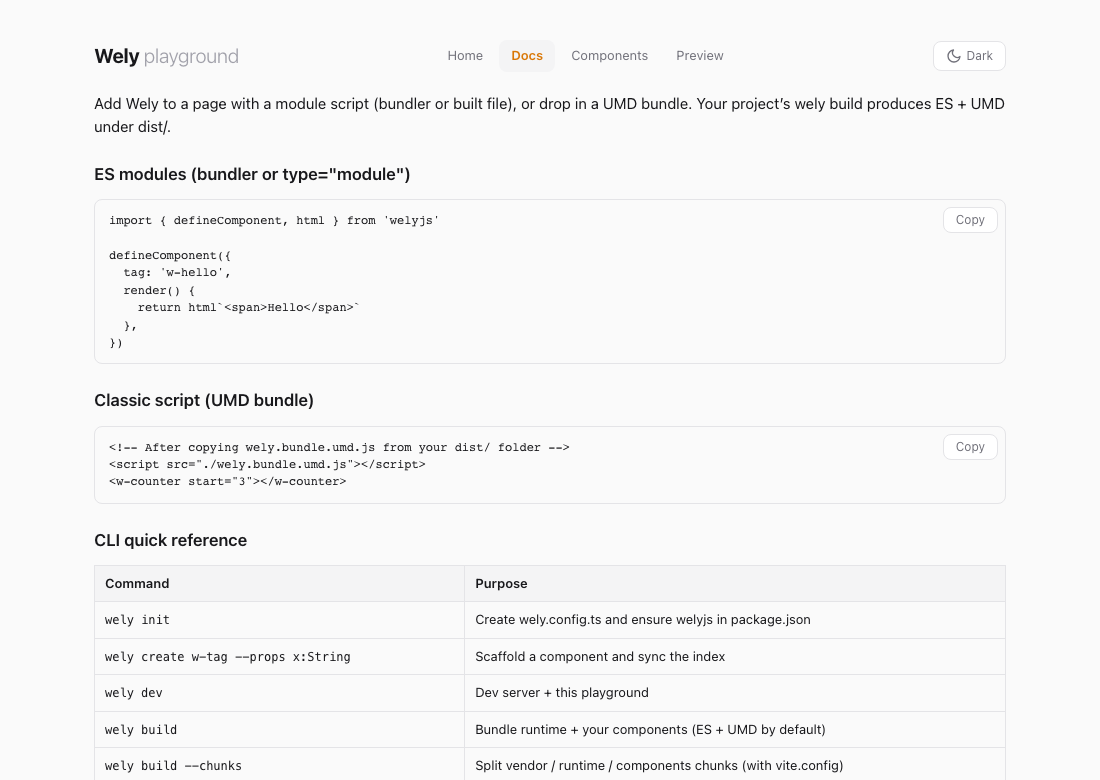 Playground docs tab: ES module example, UMD script example, CLI table